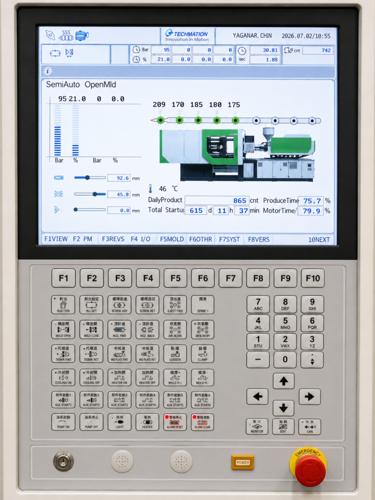 Close-up of a Techmation controller screen on an injection moulding machine operating in Semi-Auto Open Mold mode.